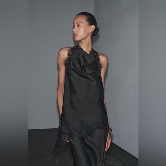 Zara elegant Black Satin Lace-Trim Halter Top - Picture 15 of 15